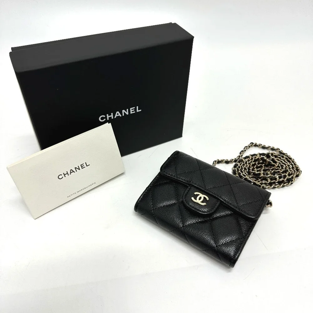 CHANEL Black Caviar Leather Logo Pochette Wallet